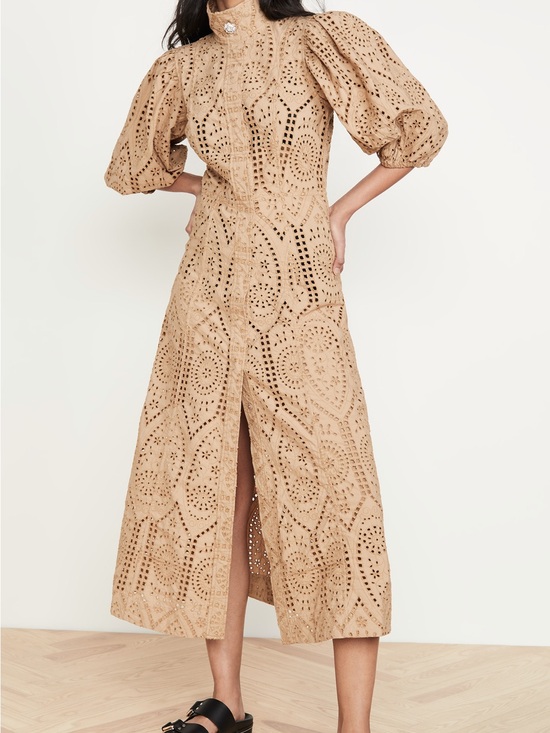 Ganni Dresses & Skirts - Ganni Tan Eyelet Midi Dress with Puff Sleeves